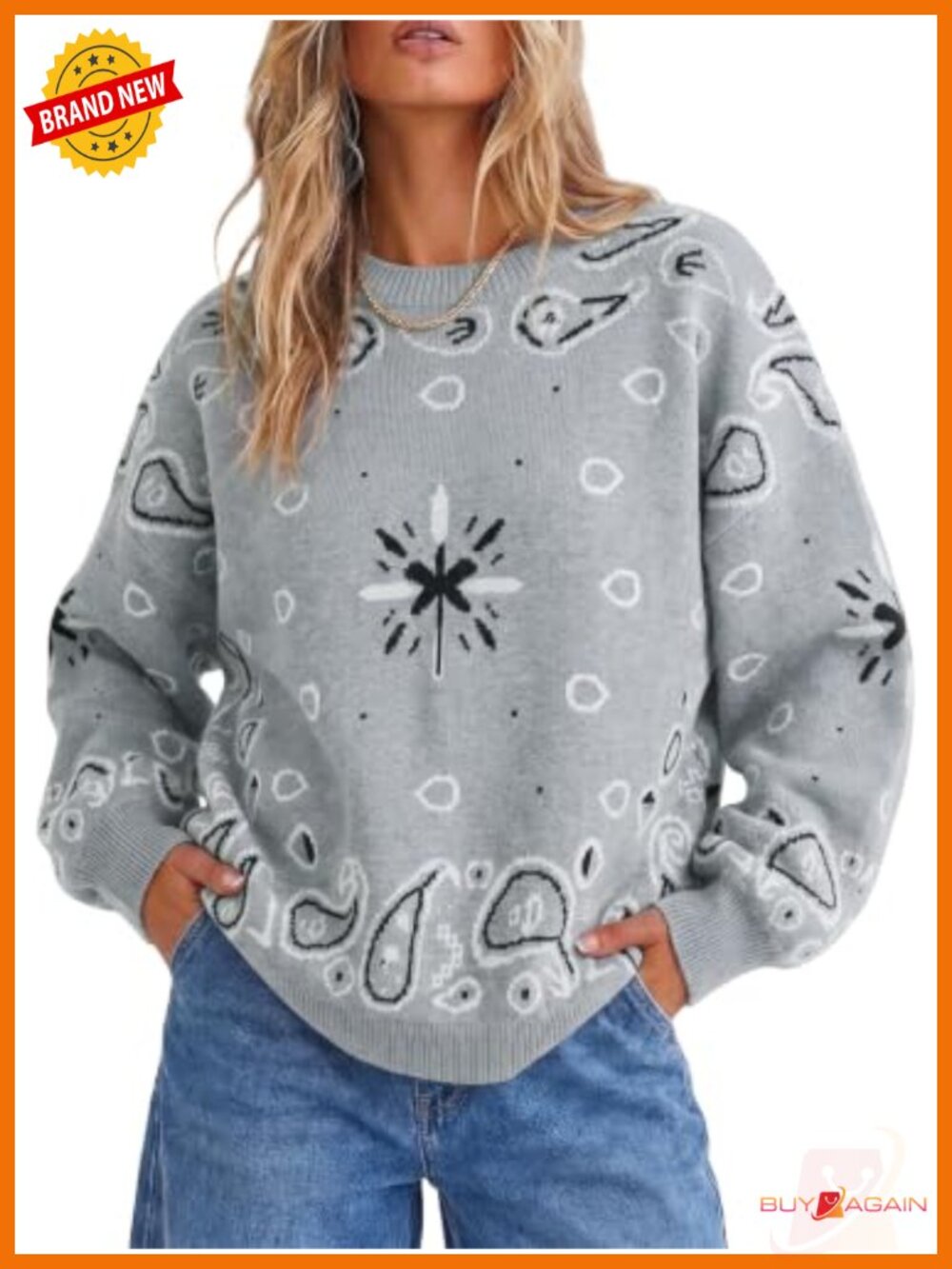 Women's Retro Paisley Knit Pullover Sweater Long Sleeve Crew Neck Oversized